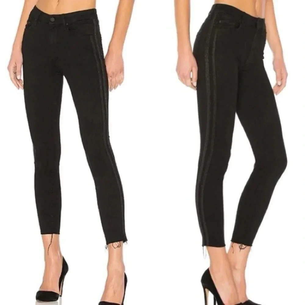 MOTHER HW Looker Ankle Fray Guilty Party Racer Black Skinny Jeans Rae Edge Pant